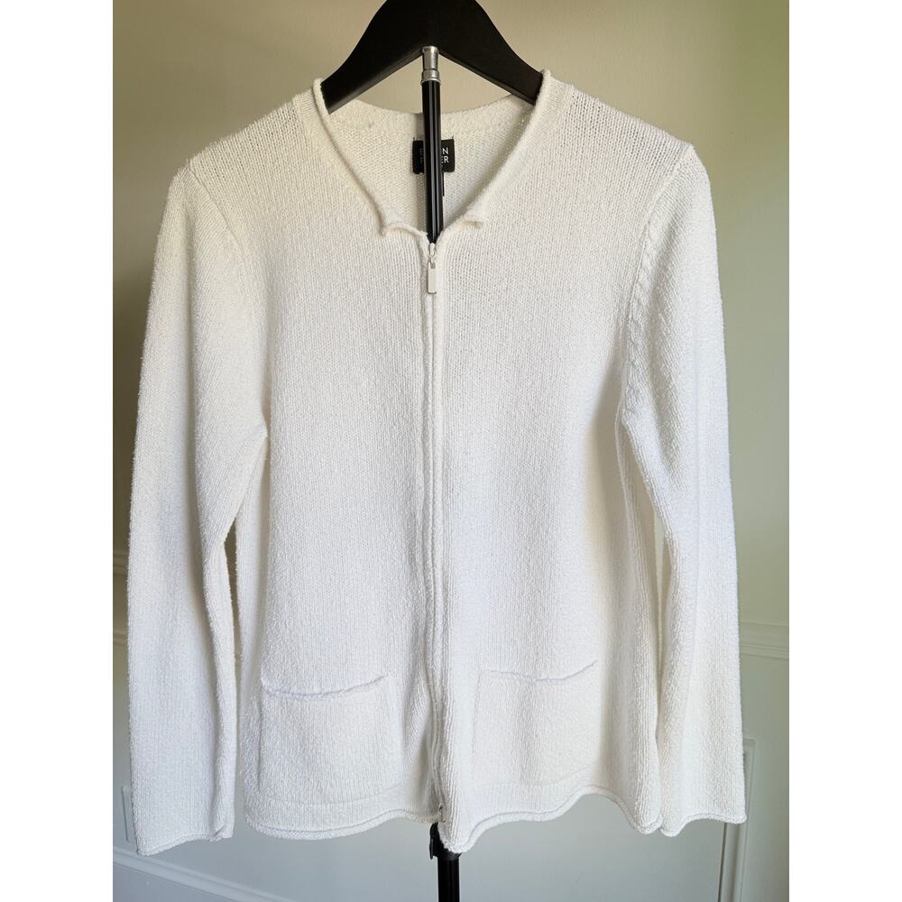 Eileen Fisher Terry Knit Full Zip Cardigan Beachy Coastal Minimalist Petite M